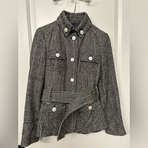 Zara Basic Black and White Checkered Plaid Woolen Cape Jacket Buttons Pockets M